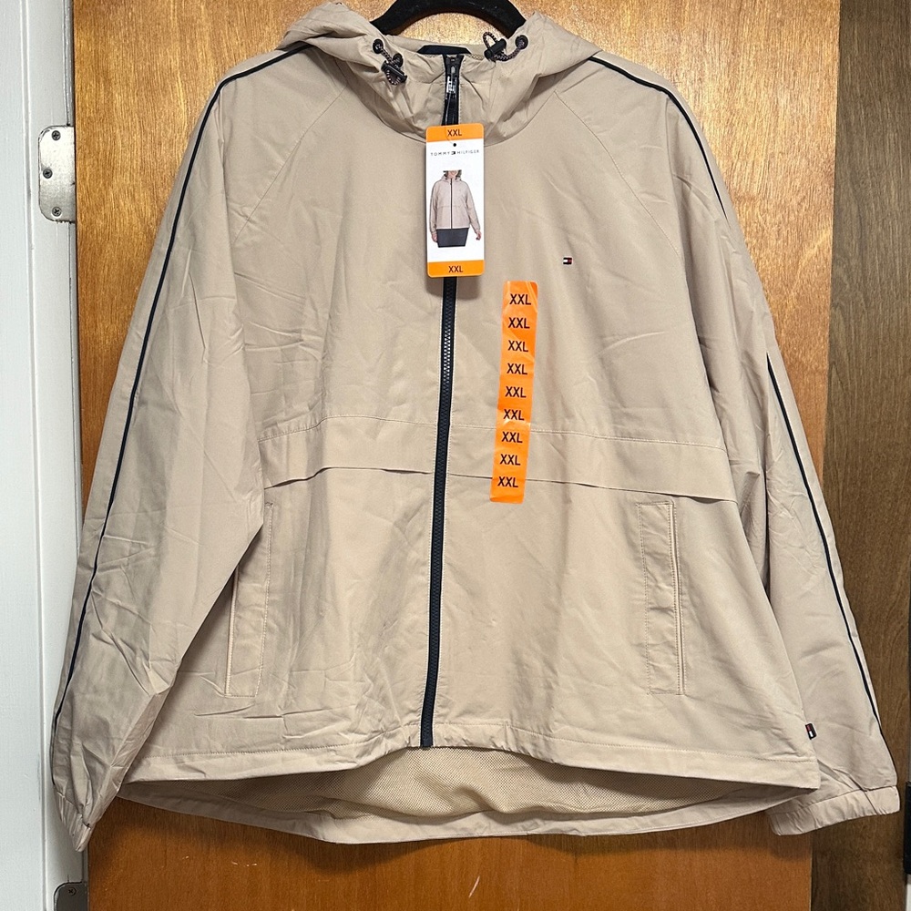 Tommy Hilfiger Beige Hooded Windbreaker with Navy Trim